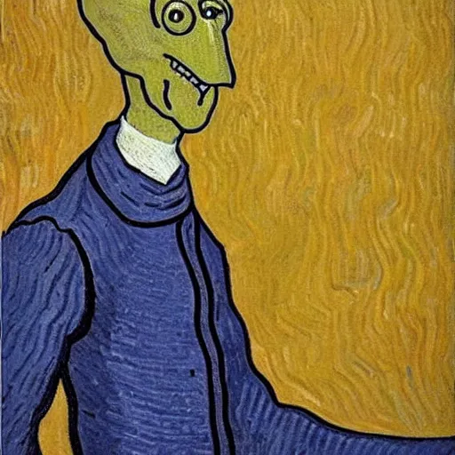 Image similar to handsome squidward portrait, van gogh art style, strong chin, big mouth