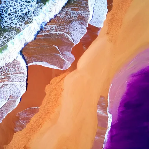 Image similar to Arial shot of a beach with orange sand and a sea of purple, acrylic painting