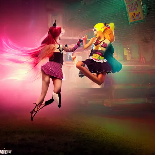 Image similar to a girl like jinx and Princess peach, dancing, background jet ground radio, fullshot, raytrayced, octane render,volumetric lighting, epic composition, intricate details, dark neon punk, by myanko