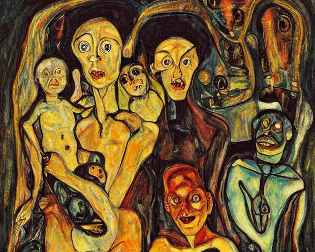 Image similar to a painting of an alien family portrait by graham sutherland, egon schiele, expressionism