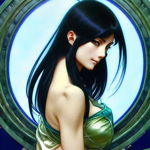 Image similar to intricately detailed vfx portrait of nico robin by eiichiro oda!, makoto shinkai, alphonse mucha, art by artgerm and greg rutkowski!, blue eyes!!, large aquiline nose!!, best of behance, concept art, matte, sharp focus, adolphe bouguereau, annie leibovitz, stanley kubrick,