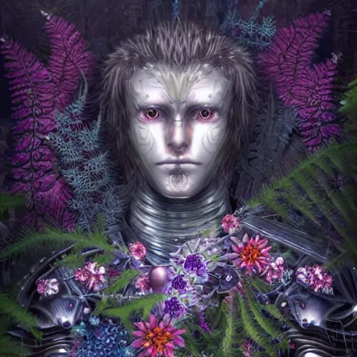 Image similar to a male knight, stern face, clear eyes, shining armour made of steel and flowers, and fractal flowery hair in a fractal garden, glowing delicate flower, berries and ferns that grow in a dark fantasy forest, full frame,