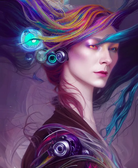 Image similar to a whirlwind of souls rushing inside the metaverse, half body, jewelry, hologram, dreads, android, cyborg, cyberpunk face, by loish, d & d, fantasy, intricate, elegant, highly detailed, colorful, vivid color, digital painting, artstation, concept art, art by artgerm and greg rutkowski and alphonse mucha