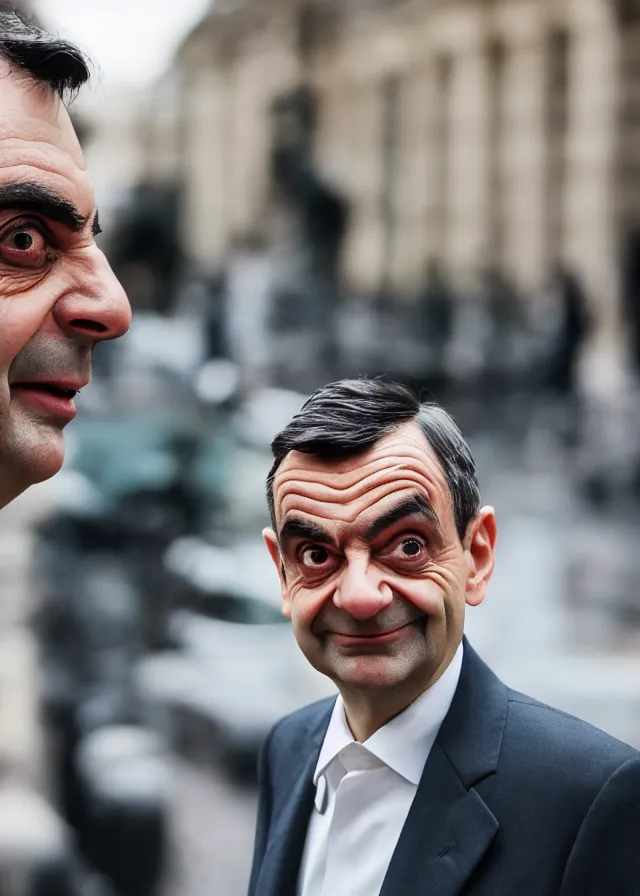 Prompt: close up photo of mr bean as james bond in london, 4 0 mm f / 2. 8, cinematic, cool, anamorphic, dramatic