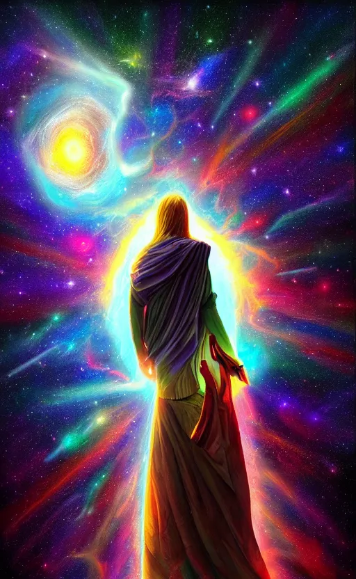 Image similar to Meeting God in the universe, digital art, trending on art station