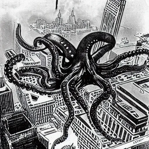 Image similar to old black and white photo, 1 9 1 3, depicting dieselpunk giant octopus attacking new york, historical record, tentacles around