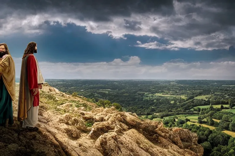 Prompt: a unique digital photo of jesus and mary magdalene standing on a cliff looking over a beautiful landscape in france, rennes - le - chateau, award winning photo, very detailed, very realistic cinematic