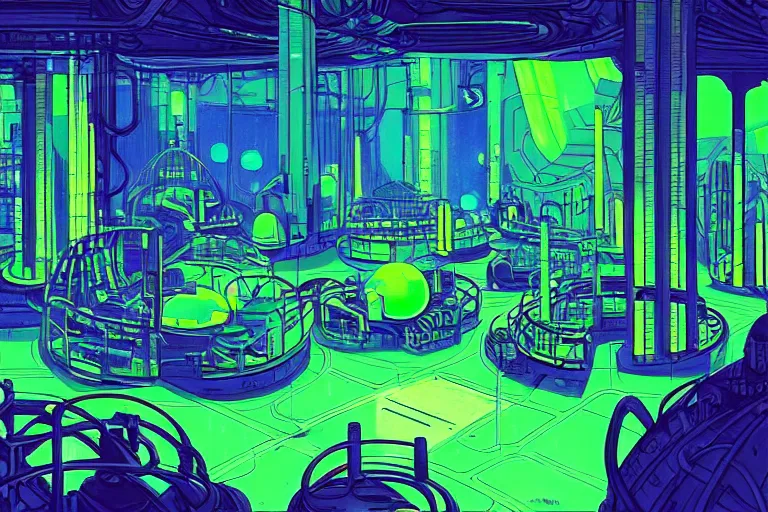 Image similar to a scifi illustration, factory interior. seen from above. vats of neon green fluid. in FANTASTIC PLANET La planète sauvage animation by René Laloux, line brush