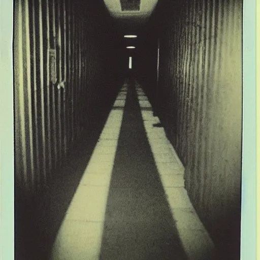 Image similar to creepiest thing at the end of a dark hallway, polaroid,