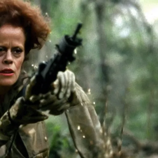 Image similar to film still of a mud - covered sigourney weaver as major dutch holding a flame thrower and hiding behind a rock from the predator in predator 1 9 8 7, hd, 8 k