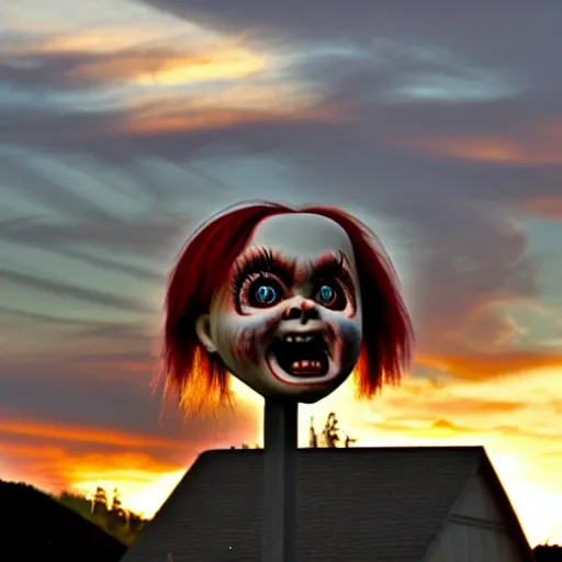 Image similar to sunset clouds in the shape of screaming chucky doll