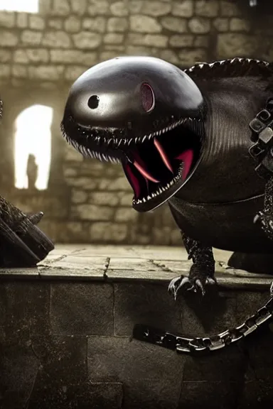 Prompt: very very intricate photorealistic photo of a chain chomp in an episode of game of thrones, photo is in focus with detailed atmospheric lighting, award - winning details