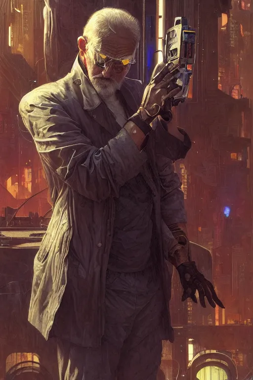 Image similar to cyberpunk old man, augmented, cyborg, movie poster, normal hands, normal legs, cinematic lighting, intricate, rugged, highly detailed, digital painting, artstation, smooth, sharp focus, illustration, art by artgerm and greg rutkowski and alphonse mucha and Wayne Barlowe and william-adolphe bouguereau