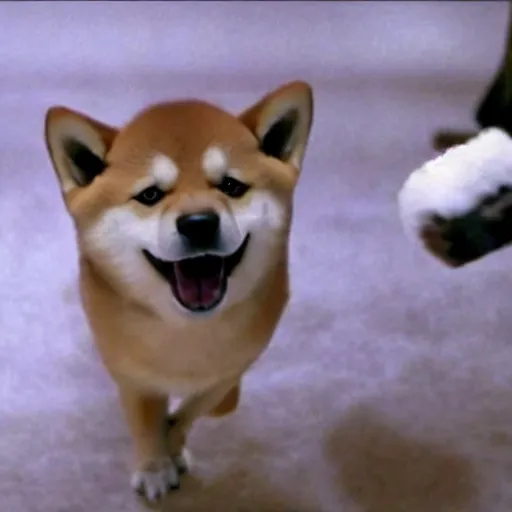 Prompt: A still of a Shiba Inu as Jack Torrance in The Shining (1980)