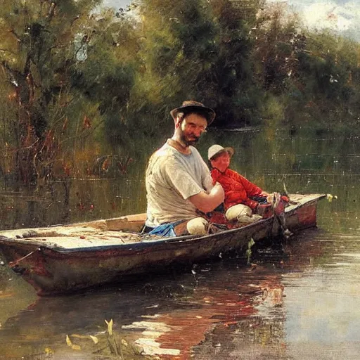 Image similar to painting of dad and son thinking together in boot on a calm lake, by pino daeni