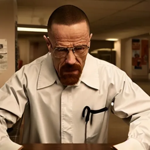 Prompt: Walter White stabs Gustavo Fring in the back, photorealistic, cinematic lighting,