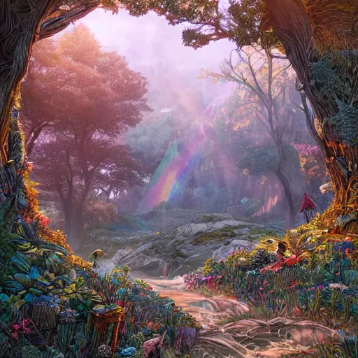 Prompt: beautiful, grand, wistful, aesthetic landscape of an open forest, illustration by kim jung gi, rainbow colored, extremely detailed, intricate linework, sharp focus, bright colors, octopath traveler, unreal engine 5 highly rendered, global illumination, radiant light, detailed and intricate environment