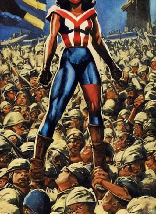 Image similar to beautiful black female captain america standing on a pile of defeated german soldiers. feminist captain america wins wwii. afro. american wwii propaganda poster by james gurney