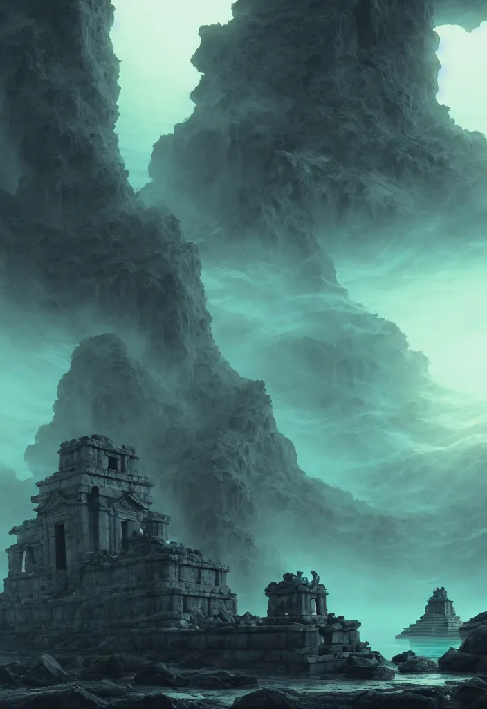 Image similar to low ultrawide shot, dark, underwater statues, submerged pre - incan temple with carvings, abyss, stylized, anime style mixed with fujifilm, detailed gouache paintings, crepuscular rays, dark, murky, foggy, atmospheric, artstation, cgsociety, unreal engine 5, octane render