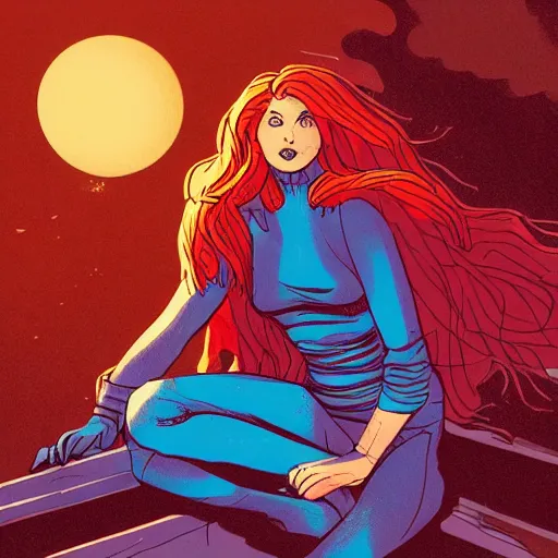 Image similar to a beautiful comic book illustration of a woman with long red hair sitting near a lake at night by dave gibbons, featured on artstation