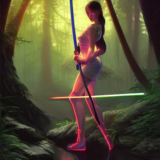 Image similar to woman with neon katana in a forest at night, highly detailed, professional digital painting, Unreal Engine 5, Photorealism, HD quality, 8k resolution, cinema 4d, 3D, cinematic, professional photography, art by artgerm and greg rutkowski and alphonse mucha and loish and WLOP