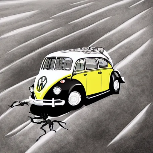 Image similar to the beatles as volkswagen beetles and insect beetles, highly detailed illustration, artistic blur