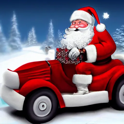 Image similar to Santa Clause driving a rally car he is going fast there is smoke coming from the tires there is snow on the track you can clearly see Santa Clause driving he is fat and jolly, realistic lighting, realistic shadows, highly reflective, photo realistic, hyper realistic