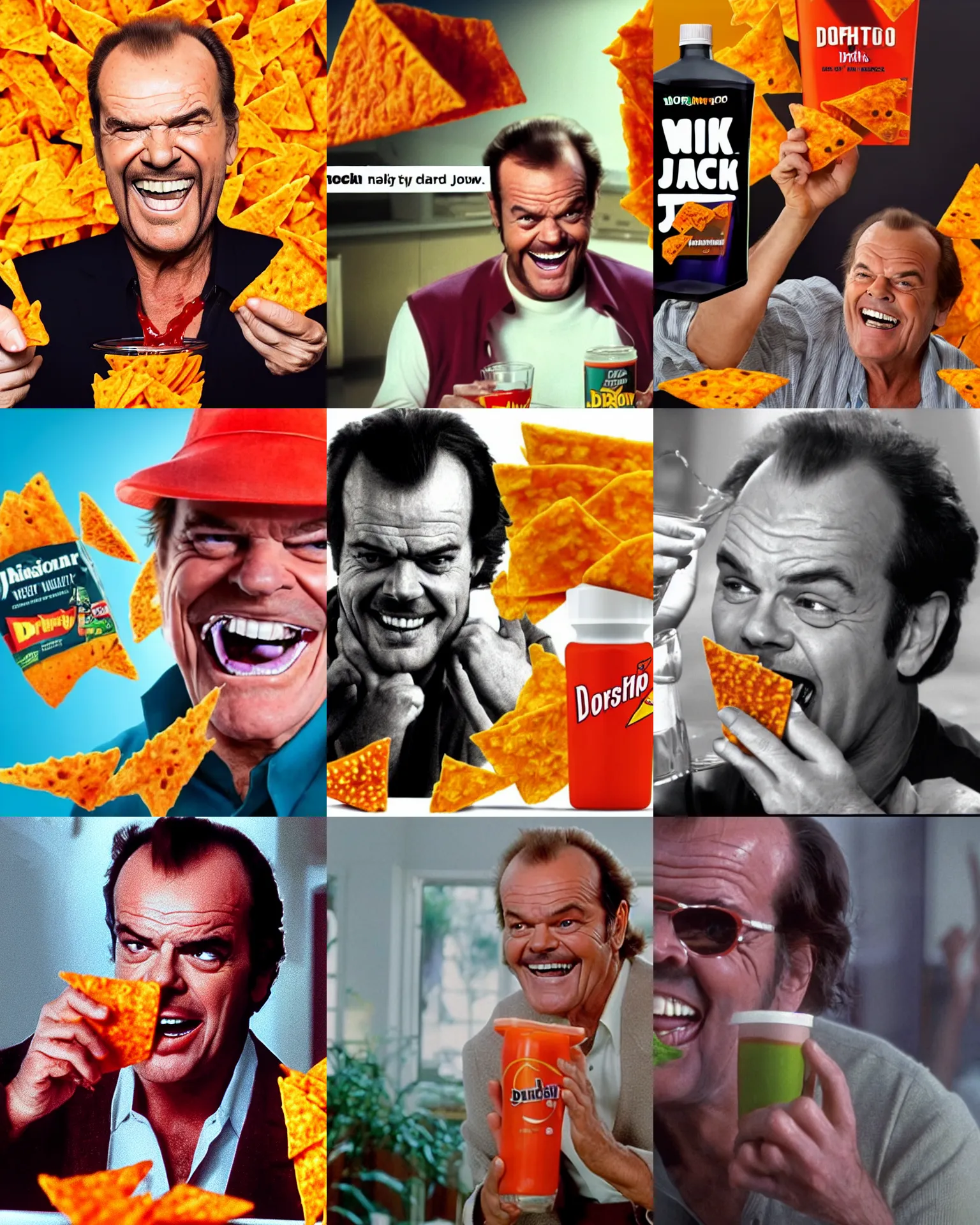 Prompt: young jack nicholson happily drinking dorito juice, spilling juice, wet mouth, viral product advertisement hd, commercial banner, english text