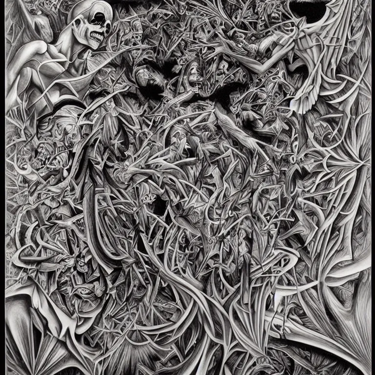 Image similar to transformation through death by Alex Grey and M. C. Escher collaboration