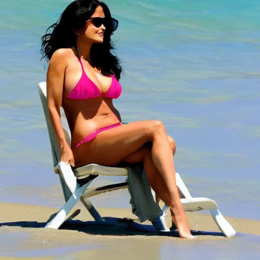Image similar to salma hayek wearing a bikini enjoying sun on the beach