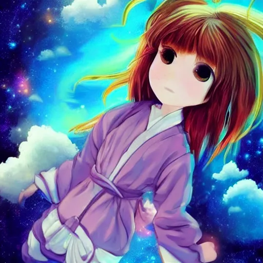 Image similar to over the cloud there is a cosmic girl A young female looks like kasumi arimura with wolor explosion background trending on artstation and twitter by Yoneyama Mai and Krenz Cushart, trending on pixivpour technique, she isColorful astronaut, flowing robe, floating , colorful nebula, derelict space ship, science fiction spaceman, space, futuristic spacesuit, cover art, cinematic, highly detailed, strong line work, Alphonse Mucha, John Harris, 4k render, 4k post, hyper detailed