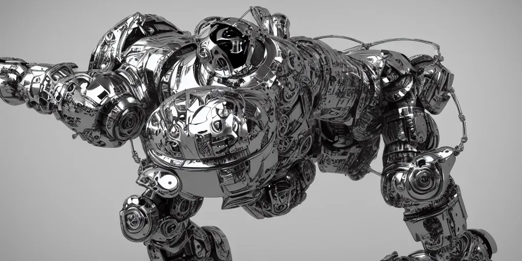 Image similar to maine coon robot cat made of shiny plastic, [ scifi, robot, epic, cinematic, 8 k, octane render, ultra detailed, intricate, ornate, cybernetics, giger, biomechanical ]