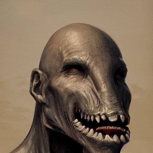 Image similar to A beautiful conceptual art of a giant head. The head is bald and has a big nose. The eyes are wide open and have a crazy look. The mouth is open and has sharp teeth. The neck is long and thin. by Greg Rutkowski, by Francesco Borromini playful