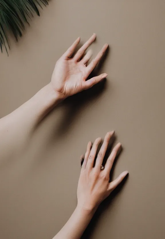 Prompt: photorealistic woman's hand with palm up lies on the table, palm pattern visible, pov photo, instagram photo, studio photo, 9 0 mm, f / 1. 4