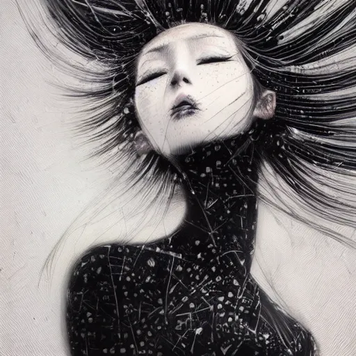 Image similar to Yoshitaka Amano realistic illustration of an anime girl with white hair and cracks on her face wearing dress suit with tie fluttering in the wind, abstract black and white patterns on the background, noisy film grain effect, highly detailed, Renaissance oil painting, weird portrait angle