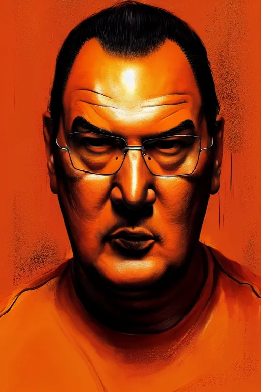 Image similar to portrait of sad steven seagal wearing orange prison jumpsuit, prison jumpsuit, digital painting, artstation, concept art, smooth, sharp focus, illustration, whimsical background by marc simonetti, artwork by liam wong, patriotic!