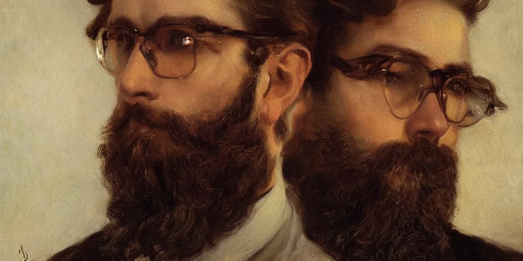 Prompt: Close-up portrait of a brown-haired bearded man with glasses, by John Singer Sargent, Albert Bierstadt, Ernst Haeckel, James Jean, cinematic atmospheric, moody atmosphere, artstation