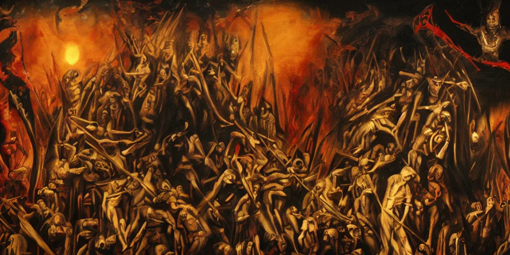 Prompt: dante's inferno painting, with biden trump obama united states of america, illuminati symbol, flag, crows, skeletons, crosses, jesus, dark beauty, rotten gold, perfect faces, extremely detailed, cinema 4 d, unreal engine.