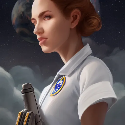 Prompt: epic portrait a space waitress with short sleeves and white uniform, long flowing hair, beauty, pretty face, glossy skin, glossy lips, fit, digital painting, artstation, concept art, soft light, hdri, smooth, sharp focus, illustration, fantasy, intricate, elegant, highly detailed, D&D, matte painting, in the style of Greg Rutkowski and Alphonse Mucha and artemisia, 8k, highly detailed, jurgens, rutkowski, bouguereau, pastoral, rustic, georgic