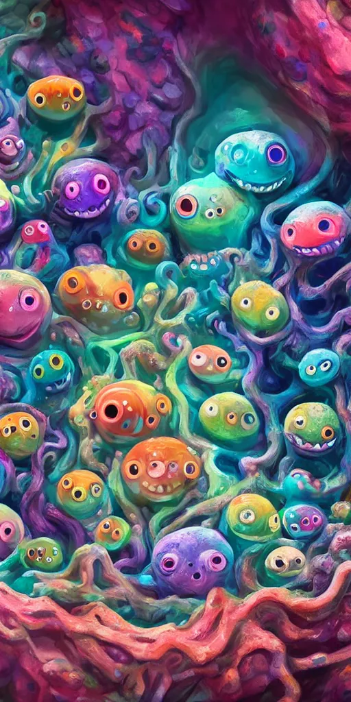 Image similar to of a colorful deep sea cave with strange cute friendly happy creatures with huge eyes, mouth, long tongue and round teeth appearing from sandy coral, in the style of gehry and gaudi, macro lens, shallow depth of field, ultra detailed, digital painting, trending artstation, concept art, illustration, cinematic lighting, photorealism, epic, octane render