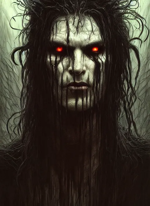 Image similar to portrait of a ancient bloodthirsty vampire man revenant with long tangles of black hair, eerie glowing eyes, gothic fog ambience, hyper realistic head, fantasy art, in the style of greg rutkowski, zdizslaw beksinski, intricate, alphonse mucha, hyper detailed, smooth