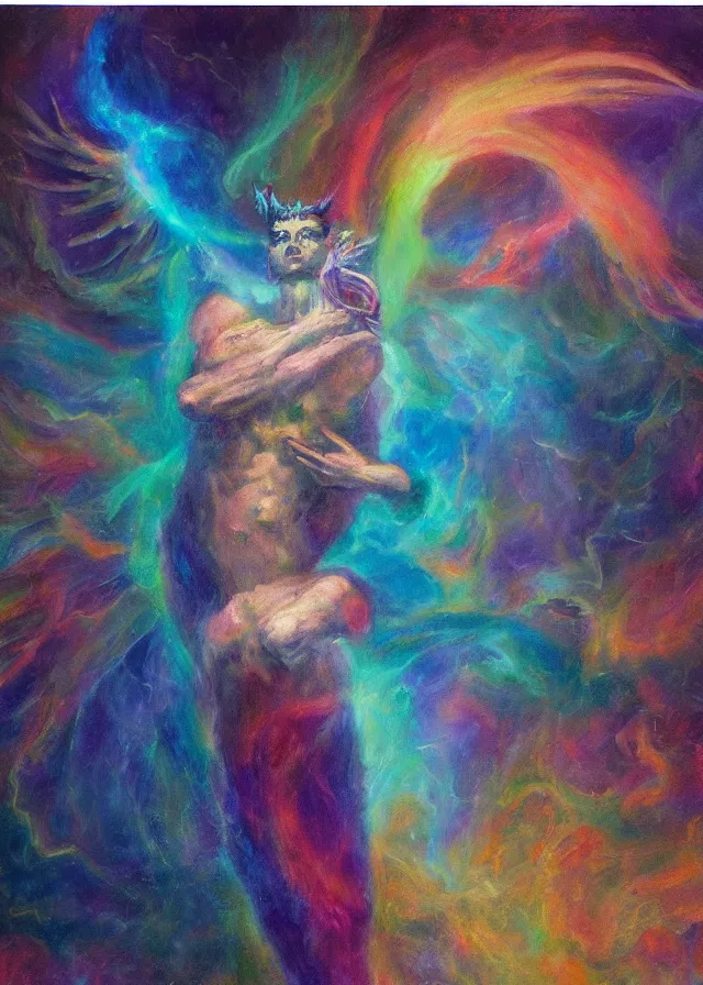 Image similar to Lucifer of the lunar mythos mercurial (surreal) fallen celestial mist, award winning oil painting, chromatic aberration polychromatic color palette radiant colors