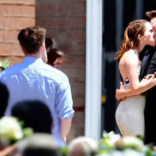 Image similar to emma watson and elon musk kissing at the funeral 4k photography