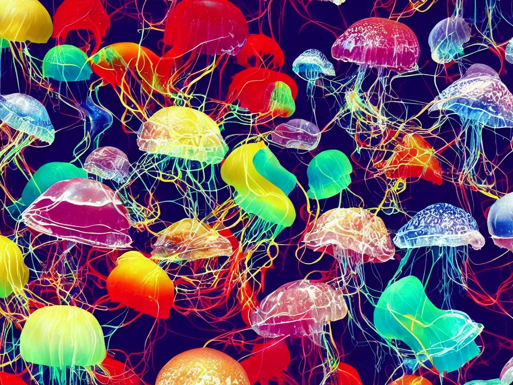 Image similar to hamburger mix jellyfish, sharp focus, 8 k, cg, style by andy warhol,