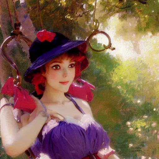 Image similar to a detailed portrait of a cute anime girl on swing, wearing a purple and red dress, wearing a orange hat, smiling coy, painting by gaston bussiere, craig mullins, j. c. leyendecker