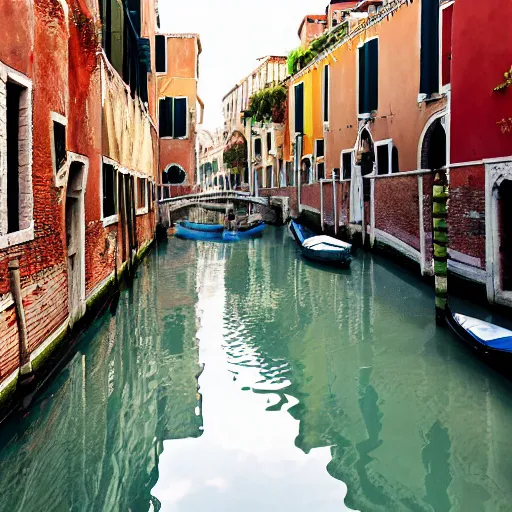 Prompt: Within a pathway in the Venice Italy Canals, beautiful raking sunlight, apartments with colorful balconies, flowers, laundry hanging, bridges, gondolas, realistic, cinematic lighting, volumetric, dappled sunlight, by Moebius and alphonse mucha and roger deakins, insanely detailed, 8k, HD