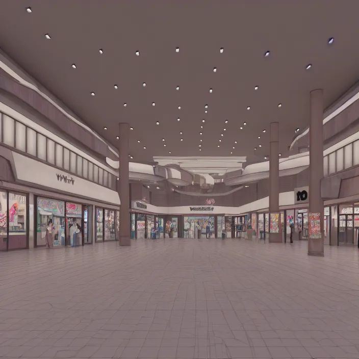 Image similar to vaporwave 9 0 s dreamy empty shopping mall, highly detailed, 3 d render, vray, octane, realistic lighting, photorealistic