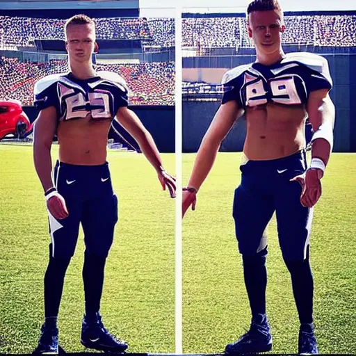 Image similar to “ a realistic detailed photo of a guy who is an attractive humanoid who is half robot and half humanoid, who is a male android, football player christian mccaffrey, shiny skin, posing like a statue, blank stare, on the field, on display ”