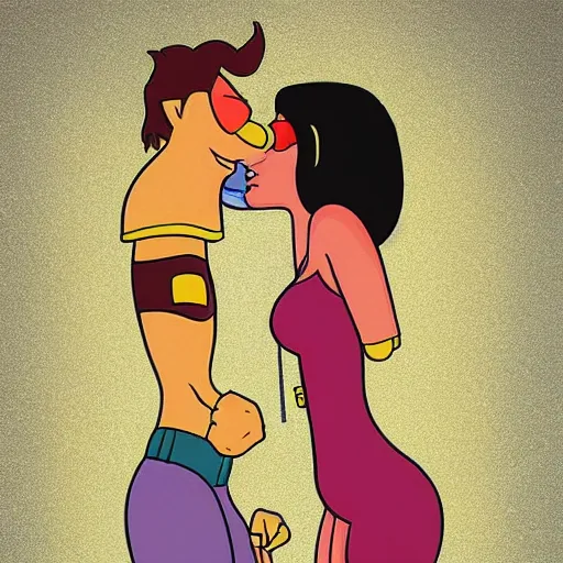 Image similar to leela and fry from futurama wildly kissing in the planet express ship, trending on artstation