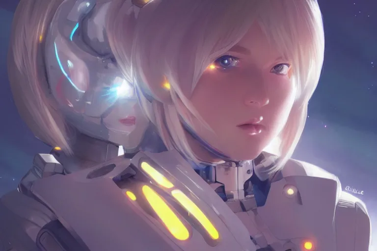 Prompt: blonde anime girl in futuristic spacesuit, volumetric lighting, glowing lights, 4k, octane, digital painting, artstation, concept art, sharp focus, illustration, art by artgerm and greg rutkowski and alphonse mucha